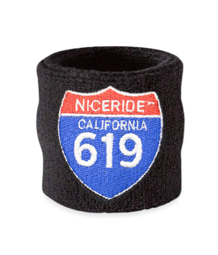 Interstate 619 wrist sweatband featuring NICERIDE design, ideal for athletics and stylish comfort.