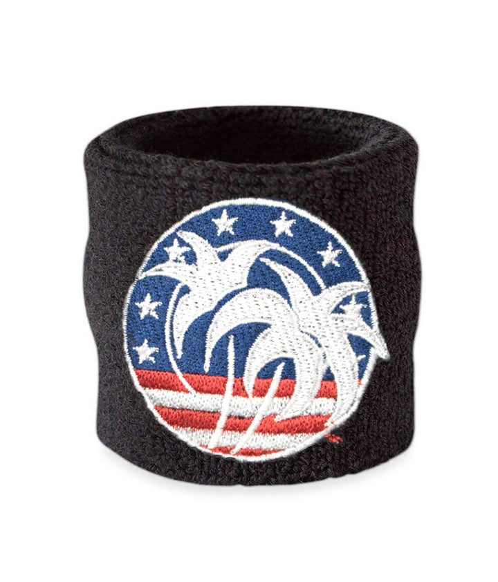 SPIRIT OF 76 sweatband with embroidered design featuring stars and palm trees, perfect for athletes and musicians.