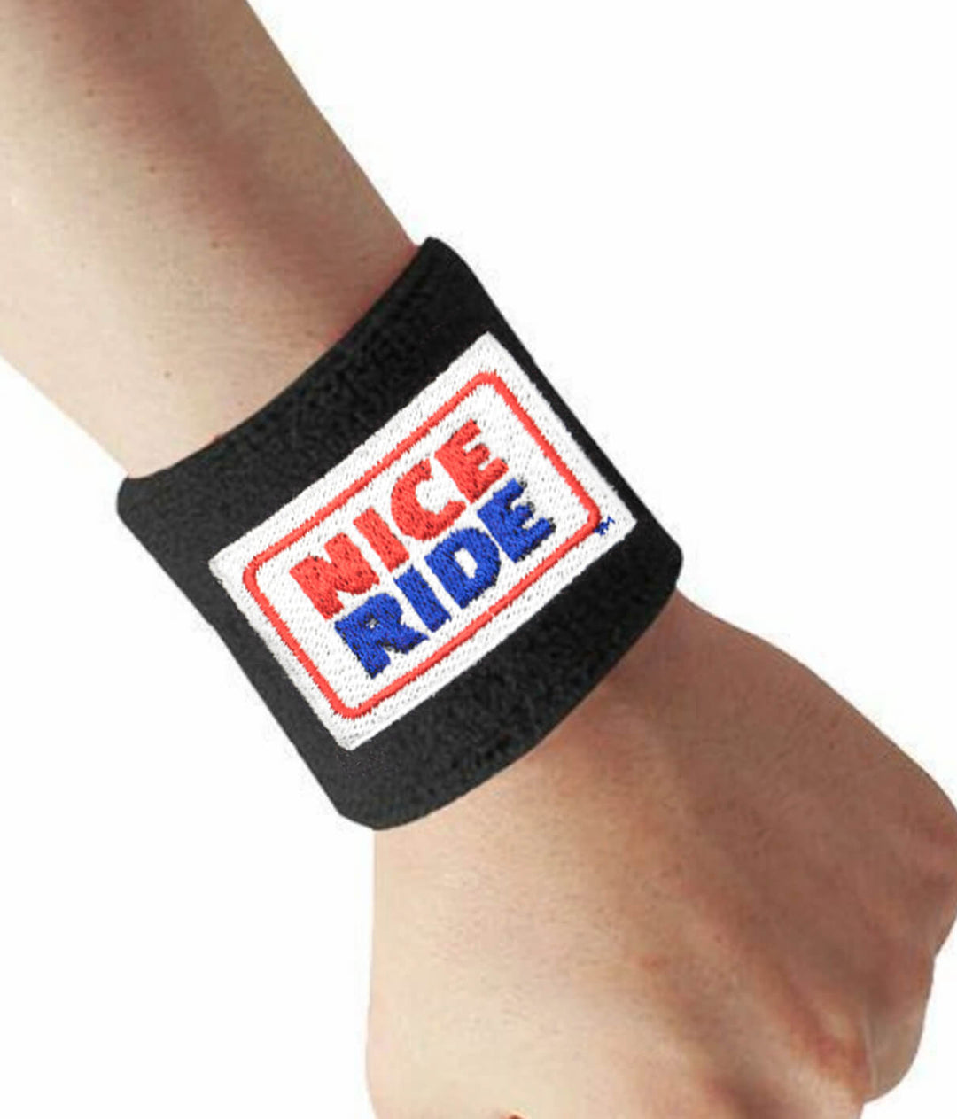 Black wristband with NICERIDE logo embroidered on it, ideal for athletes and musicians to absorb sweat.