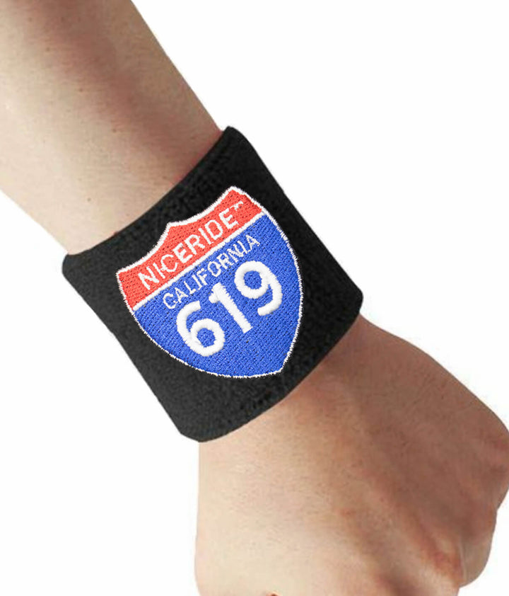 Interstate 619 wrist sweatband featuring NICERIDE California design embroidered on a black wristband