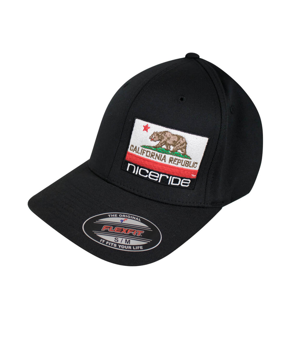 California Flag Classic Flexfit Hat with NICERIDE logo and embroidered bear design.