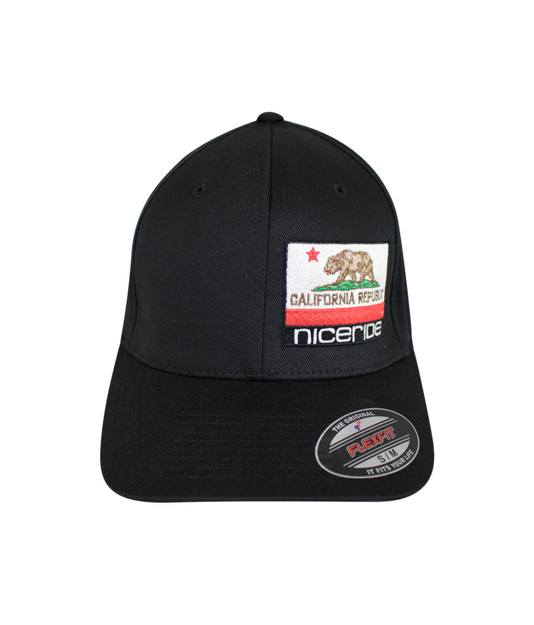 California Flag Classic Flexfit Hat with NICERIDE logo and palm design, designed and embroidered in the USA.
