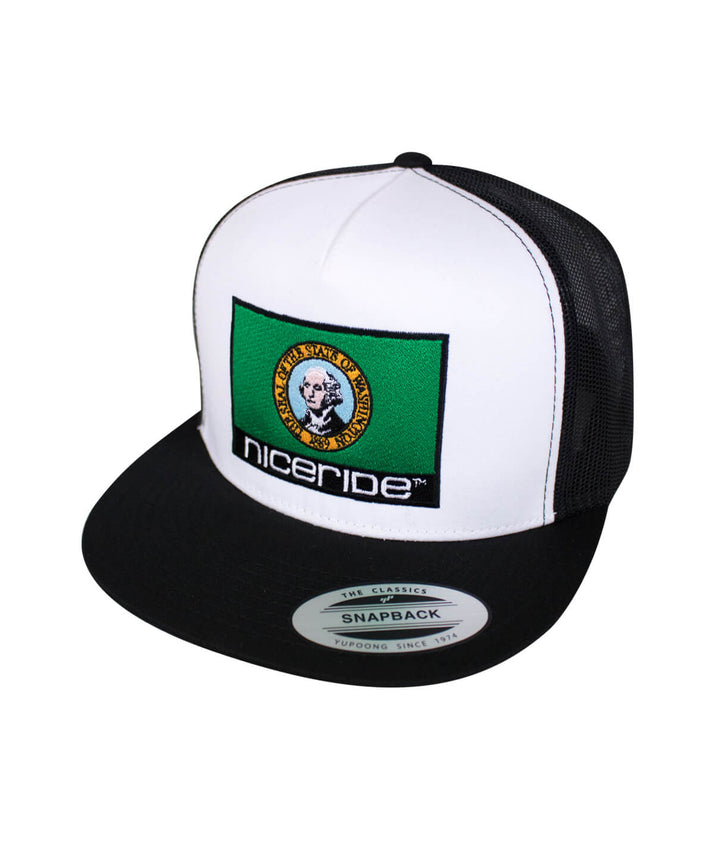 Washington Flag trucker hat with NICERIDE embroidery and classic palm logo, perfect hat for stylish wear.