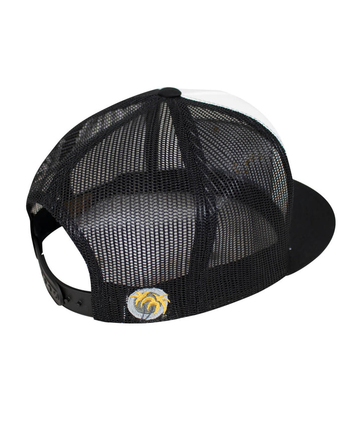 Alaska Flag Trucker Hat showcasing mesh back and palm logo, perfect hat for outdoor activities.