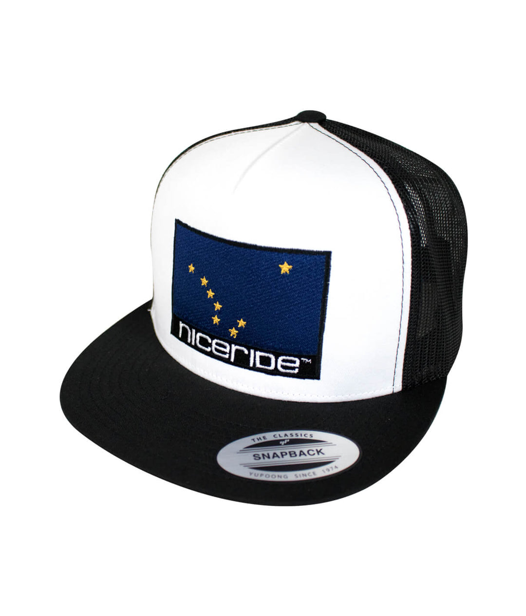 Alaska Flag Trucker Hat featuring embroidered NICERIDE logo and classic palm logo on a snapback design.