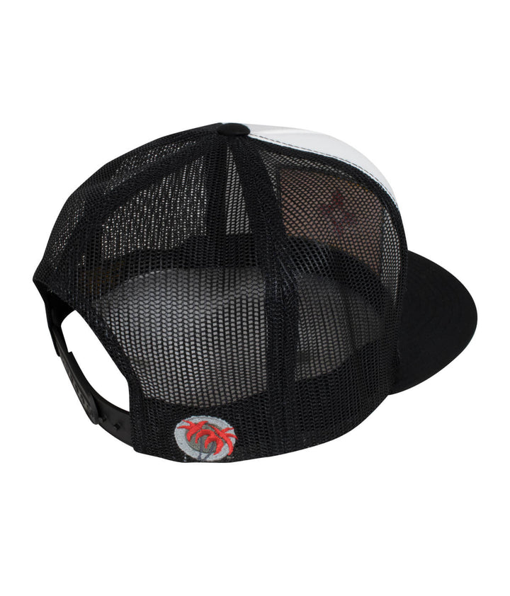 New Mexico Flag Trucker Hat displaying classic palm logo and mesh back, perfect for stylish outdoor wear.