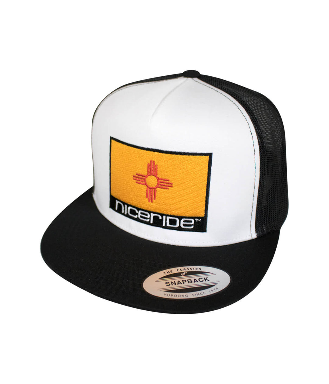 New Mexico Flag trucker hat with NICERIDE logo, classic black and white cap design.