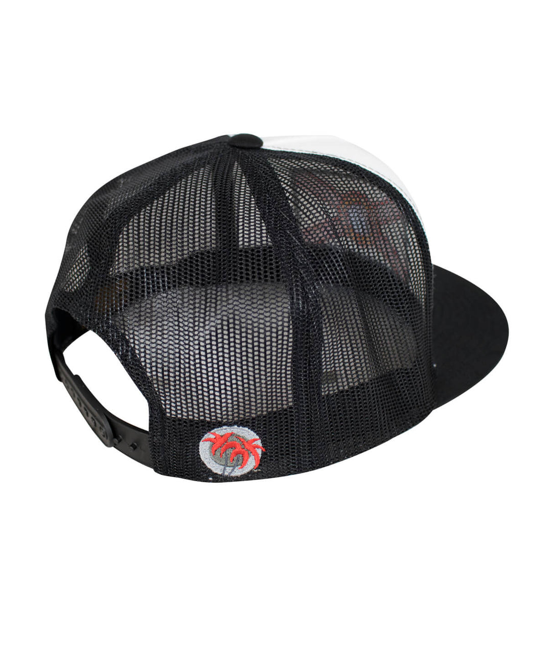 Back view of a black mesh Florida trucker hat showcasing the classic palm logo and adjustable strap.