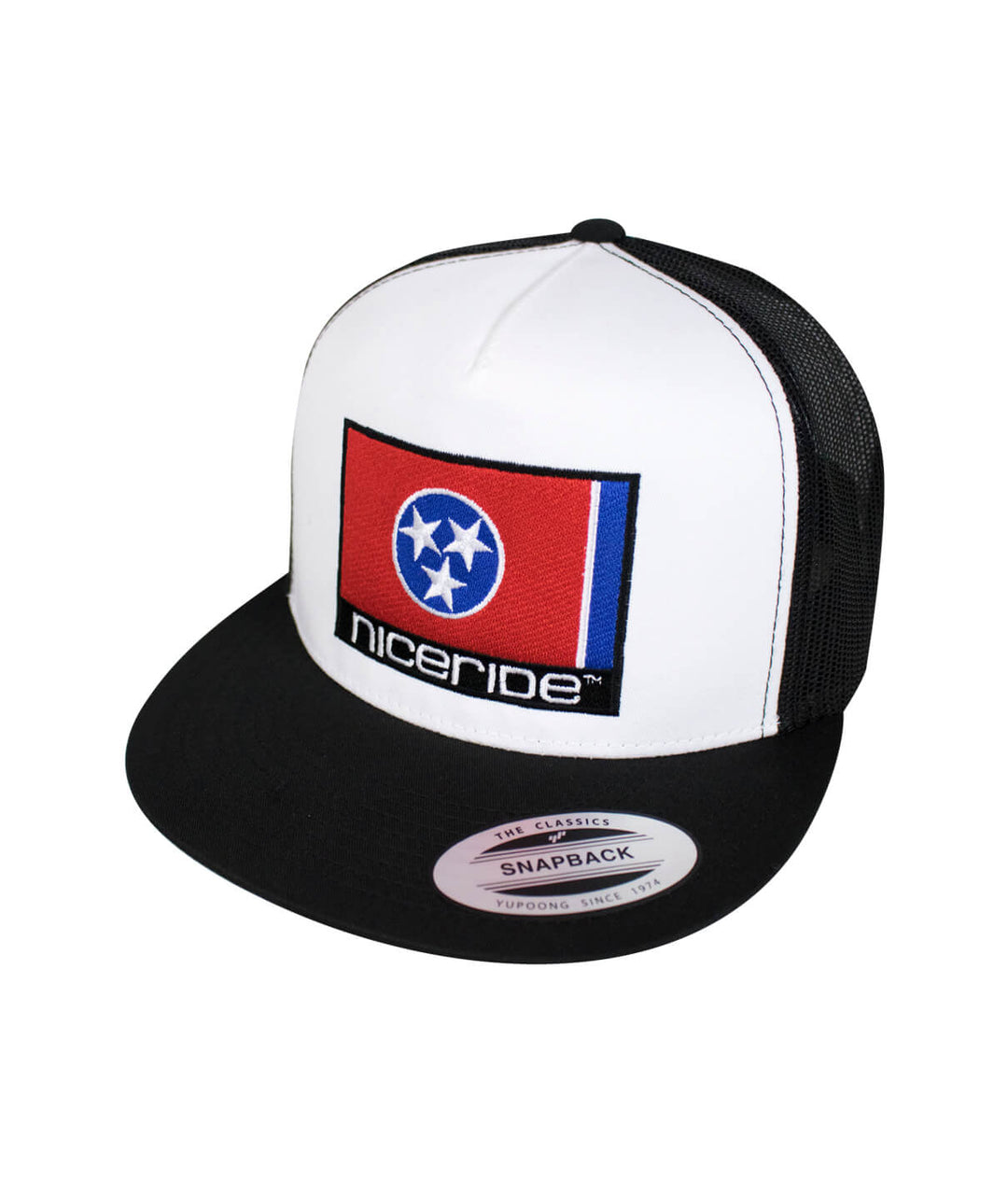 Tennessee Flag trucker hat with NICERIDE embroidery on front and classic palm logo on back side.