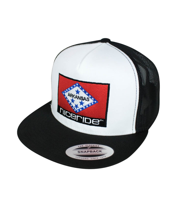 Arkansas Trucker Hat with NICERIDE embroidery and Arkansas flag design, classic baseball cap style.
