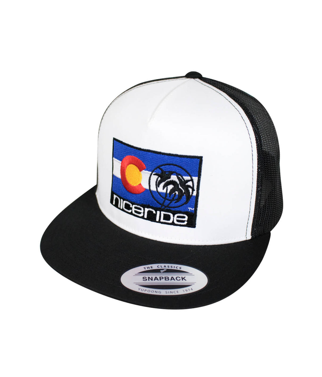 Colorado Flag Trucker Hat with NICERIDE logo embroidered, classic snapback baseball cap.