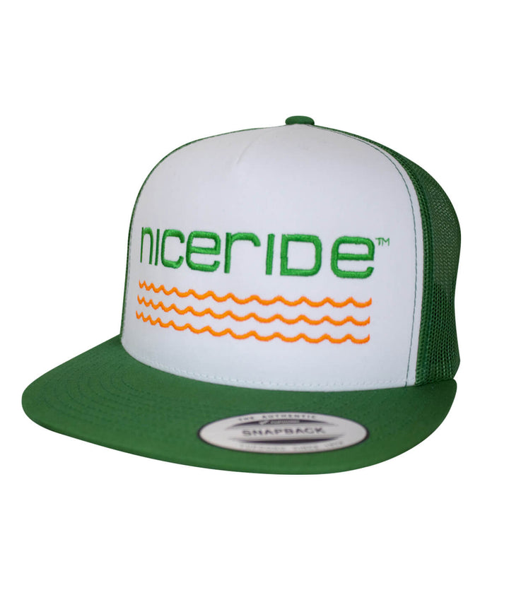 On The Water - Center trucker hat with NICERIDE logo in green and orange, perfect for outdoor activities.