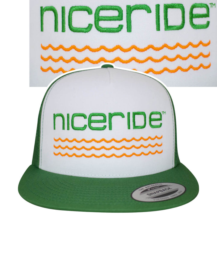 On The Water - Center hat featuring NICERIDE logo and wave design in green and orange.