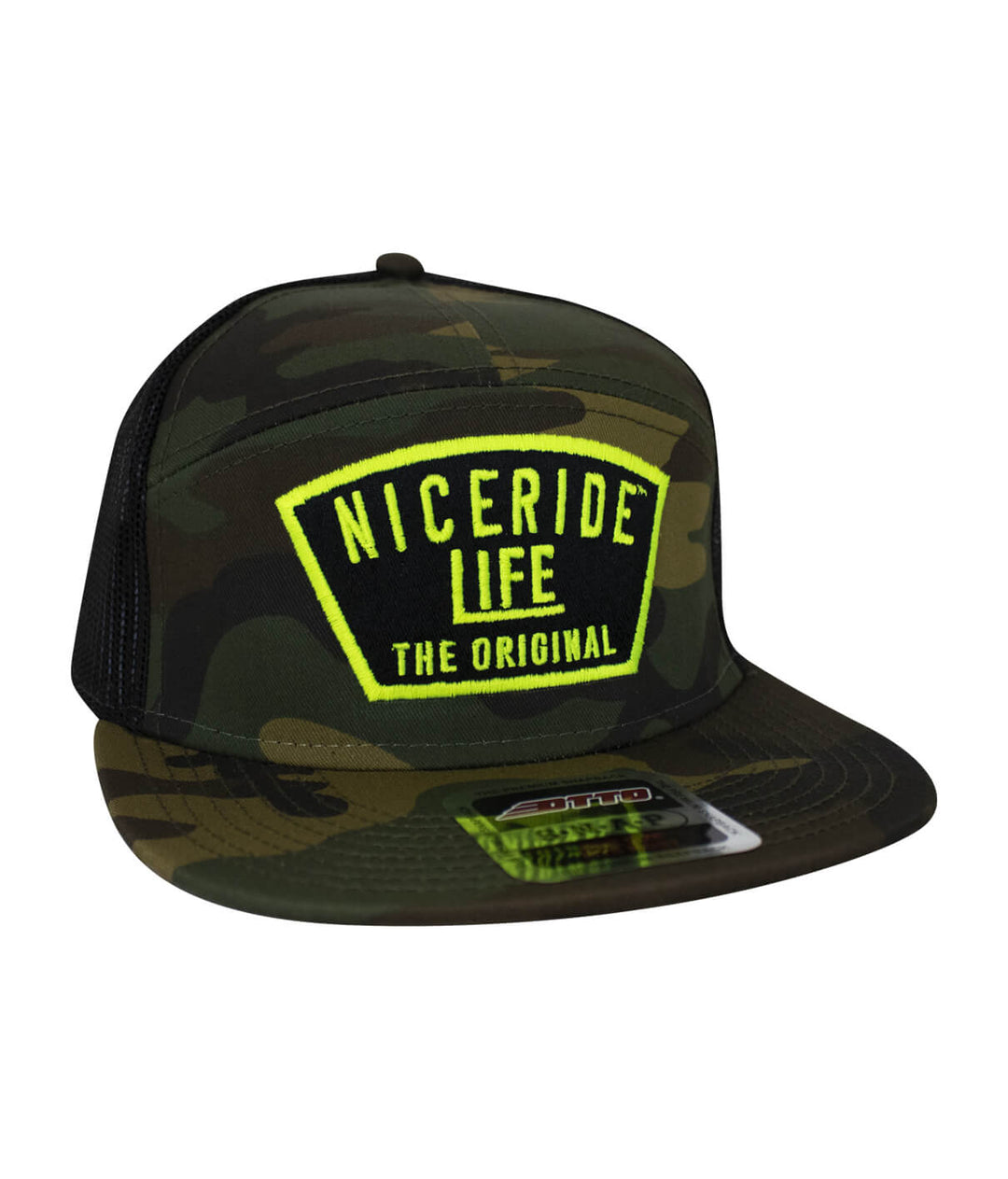 NICERIDE Grinder unisex trucker hat in camo with bold logo in yellow for style and comfort.