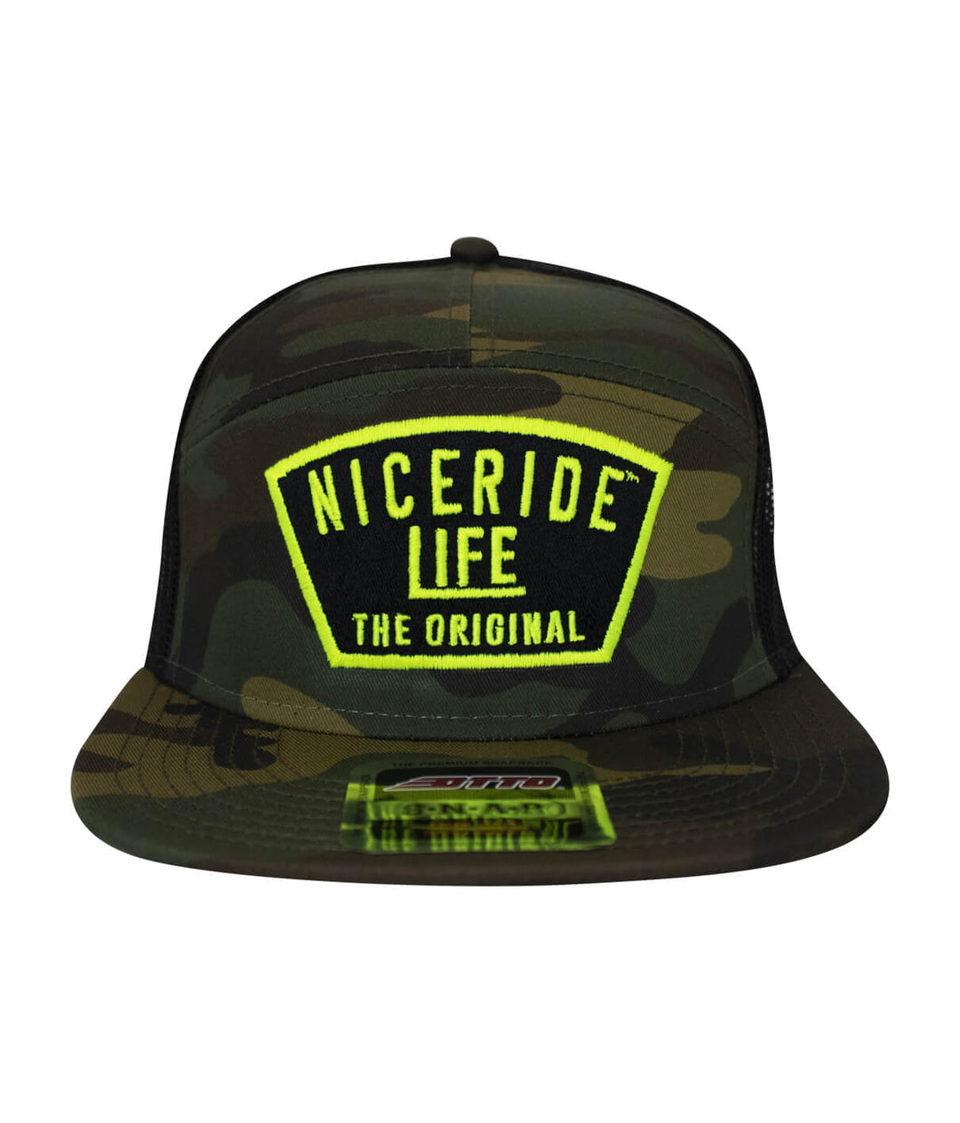 NICERIDE Life camo snapback trucker hat with bright yellow logo, stylish and versatile headwear for outdoor enthusiasts.