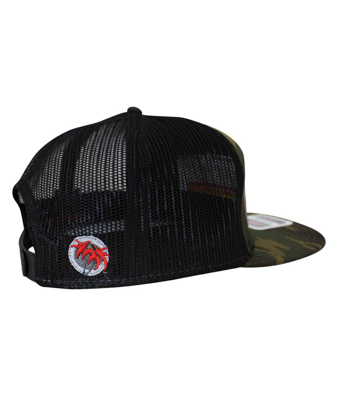 Side view of the NICERIDE "Trigger" unisex 7 panel mesh-back trucker hat featuring embroidered logo.