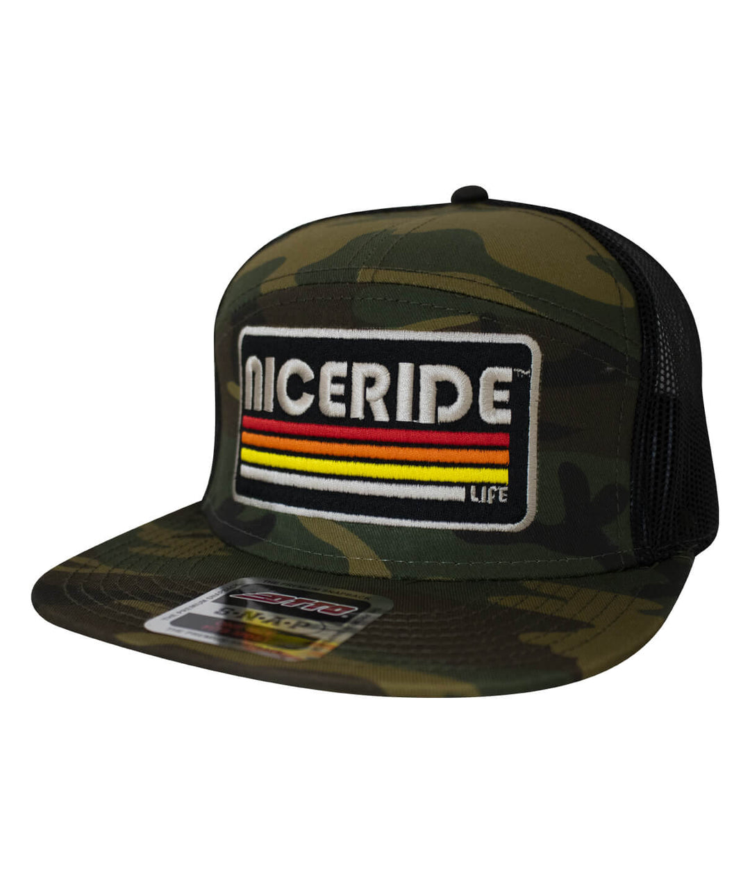 NICERIDE “Trigger” unisex 7 panel trucker hat in camo with embroidered logo, perfect for casual outings.