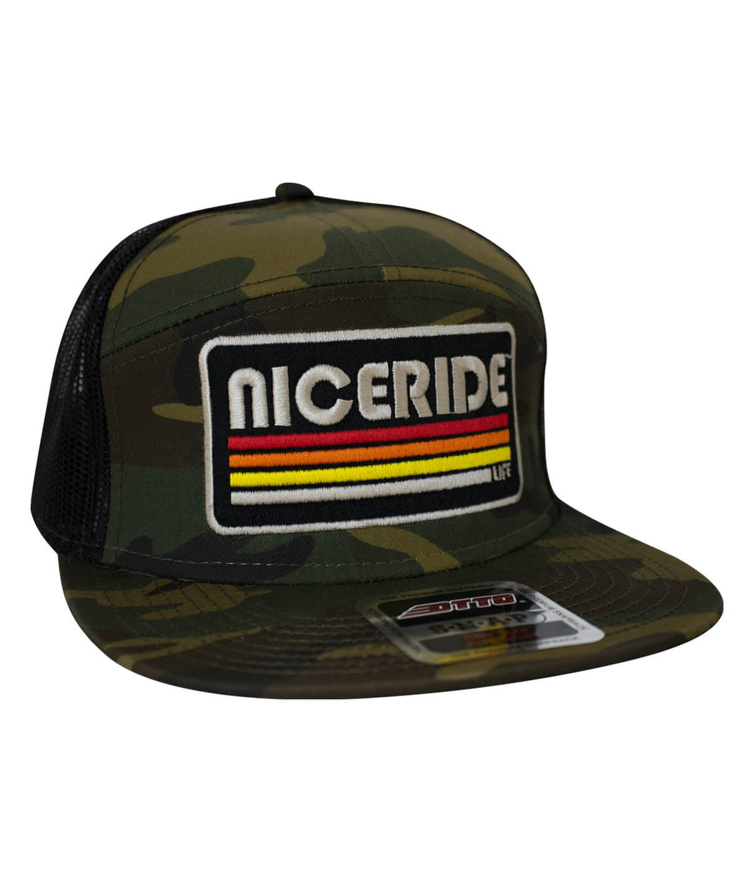 NICERIDE unisex 7 panel trucker hat in camouflage with embroidered logo and mesh back.