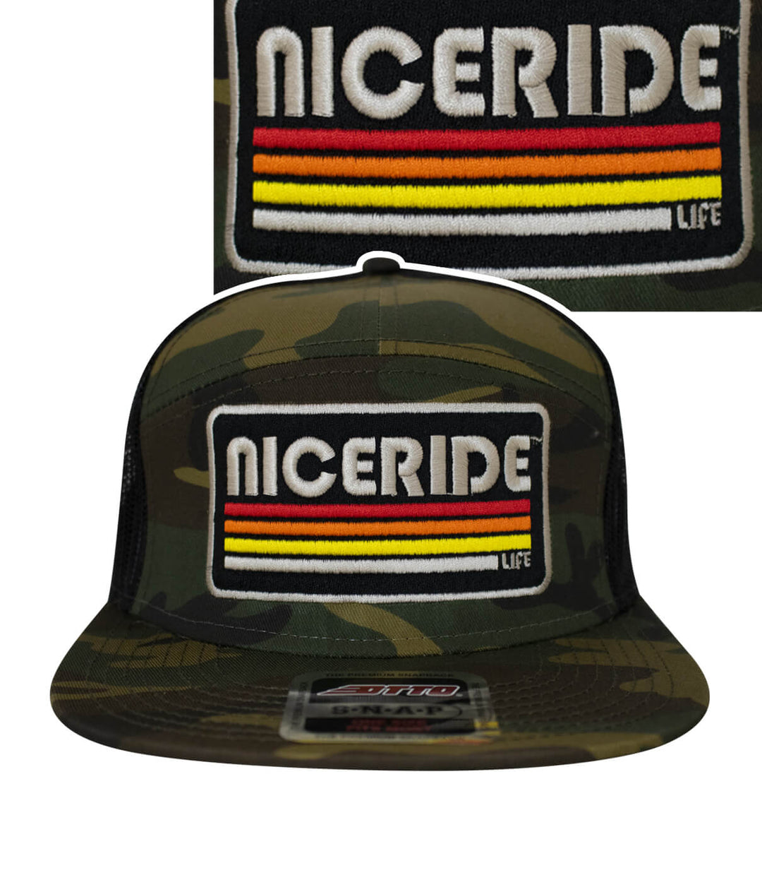 NICERIDE unisex camo trucker hat featuring embroidered logo in bold colors.