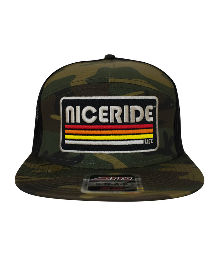 NICERIDE camouflage unisex trucker hat featuring embroidered logo on front and mesh back for breathability.
