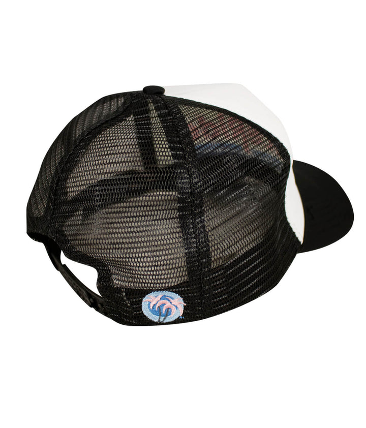Back view of the Low Tide Foam Trucker Baseball Hat with mesh and NICERIDE palm embroidery.