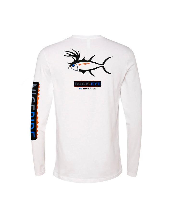 Buck Eye shirt featuring logo on back and sleeve, available in white, made of 100% cotton, perfect for casual wear.