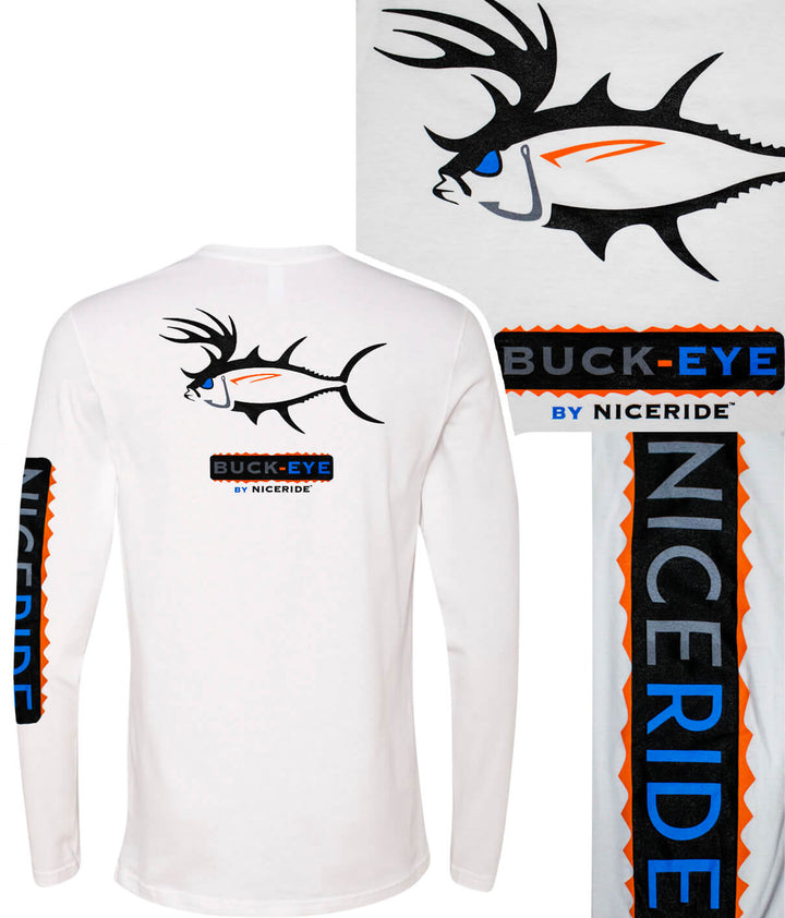 Buck Eye long sleeve mens shirt by NICERIDE featuring a fish design on the back and sleeve, available in black or white.