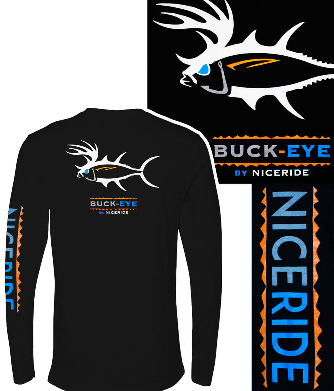 A men's long sleeved black shirt with a fish logo on it