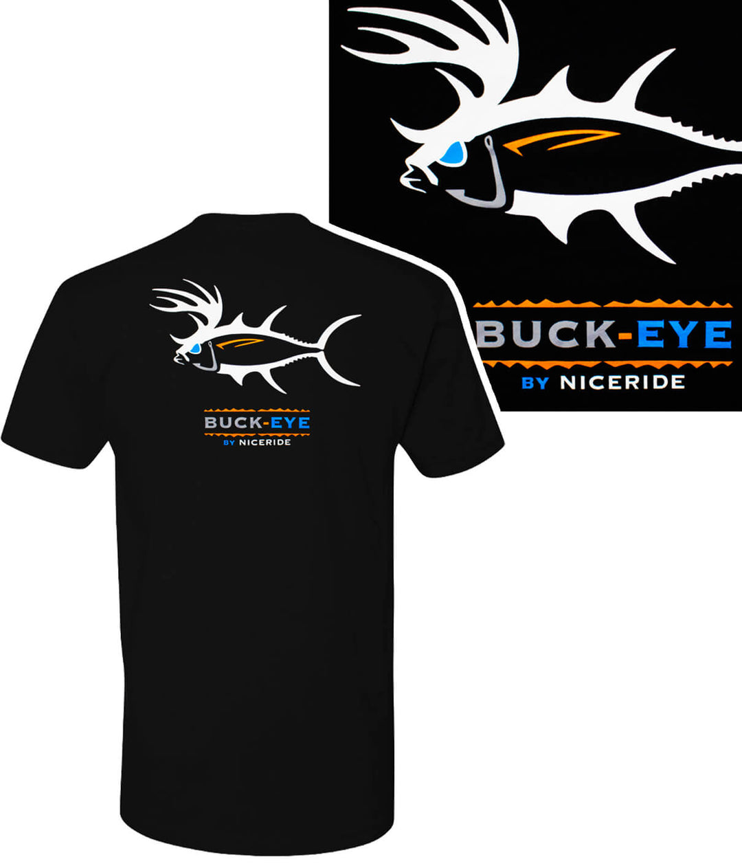  A black t-shirt with a fish and the Buck-Eye logo on it