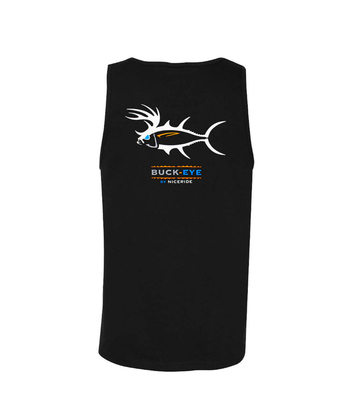 Buck-Eye black tank top for men with NICERIDE logo printed on the back, casual sleeveless tee for workout.
