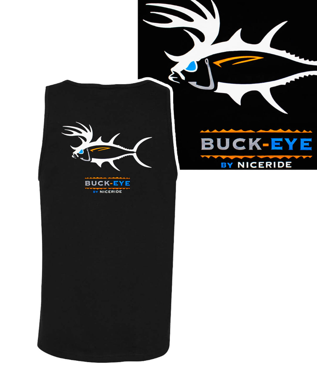 Buck-Eye black tank top showing NICERIDE logo design on back, perfect for casual wear and workouts, 100% cotton fabric.