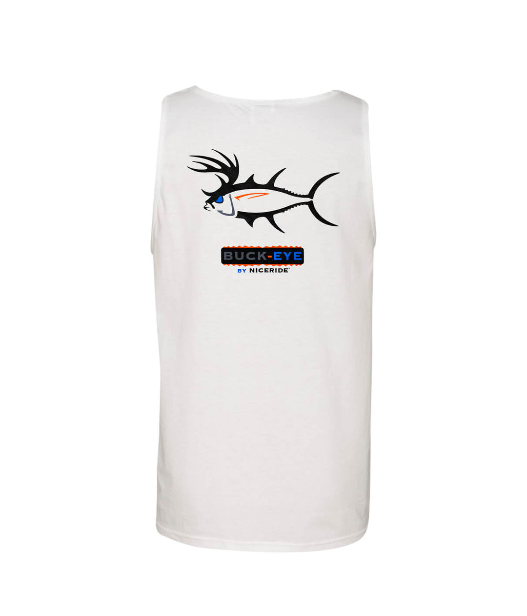 Back view of Buck-Eye tank top featuring NICERIDE logo and fish design, perfect for casual and workout wear.