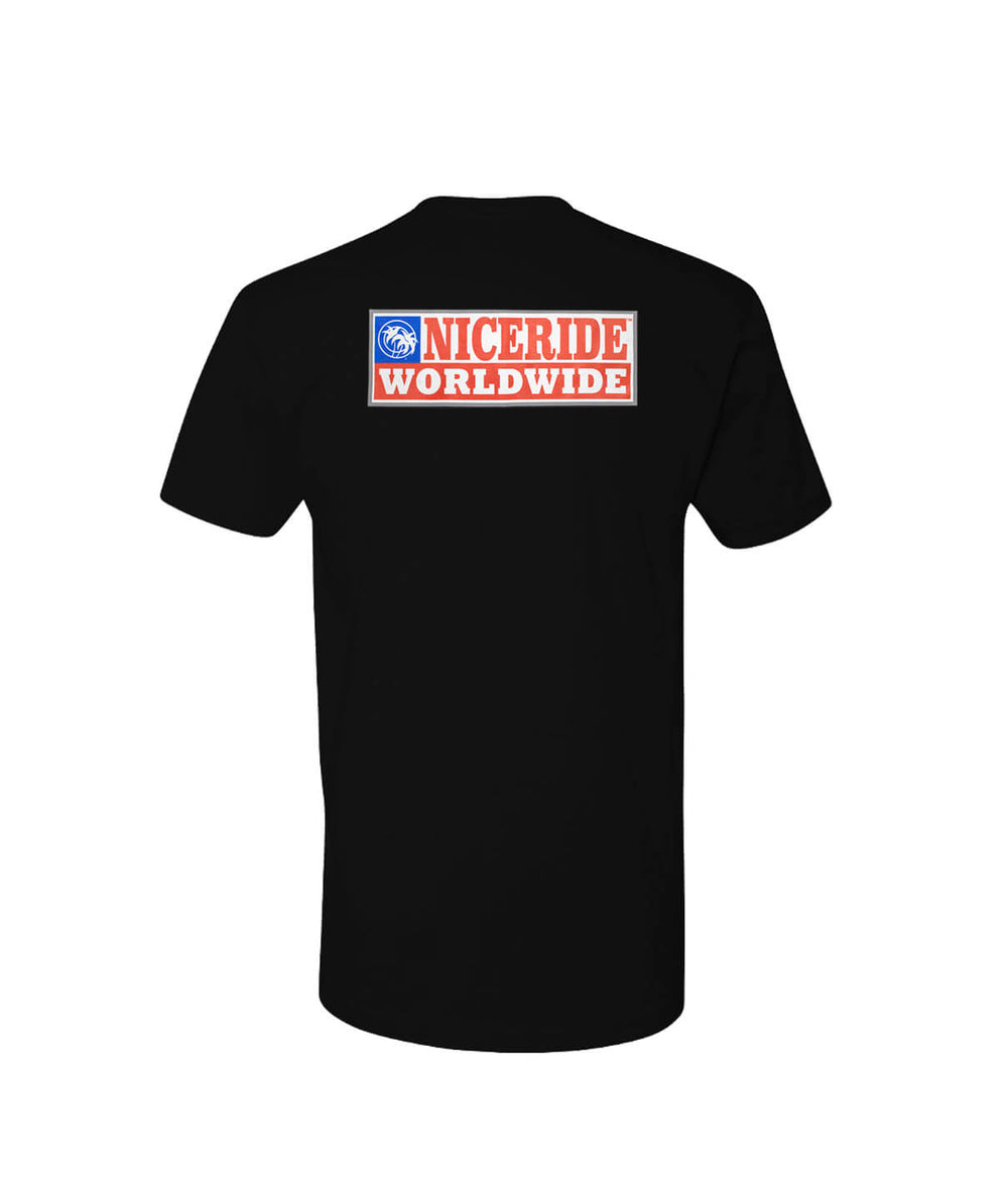 Black men's short sleeve shirt featuring NICERIDE WORLDWIDE design on the back.
