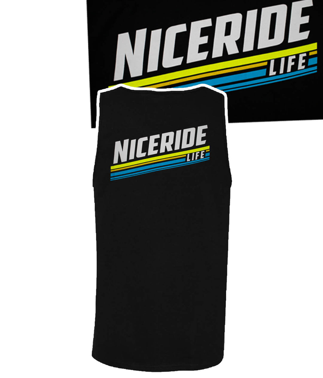 Black tank top with NICERIDE logo and 'LIFE' text printed on the back, designed for style and comfort.