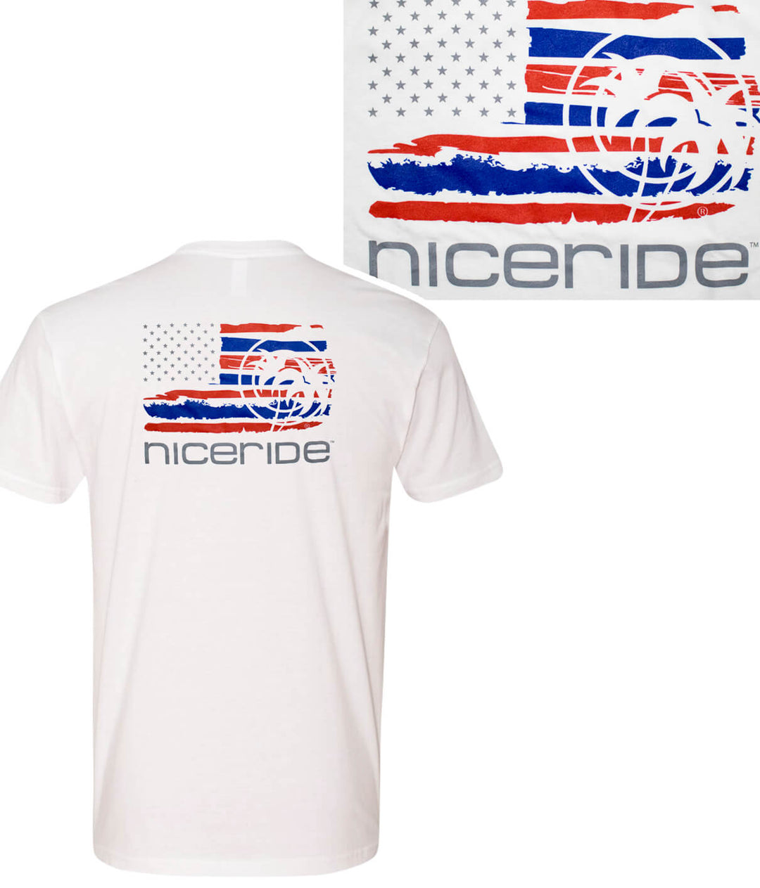 Strong Faded - White Next Level Men's White Short Sleeve T-Shirt with NICERIDE design and American flag print.