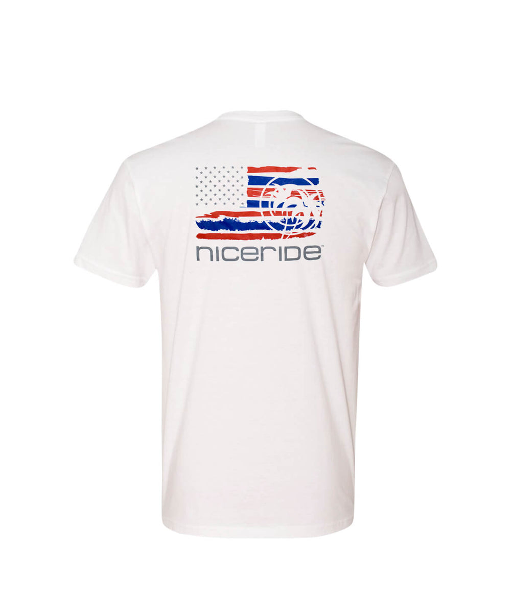 Strong Faded - White Next Level Men's White Short Sleeve T-Shirt with NICERIDE logo on back.
