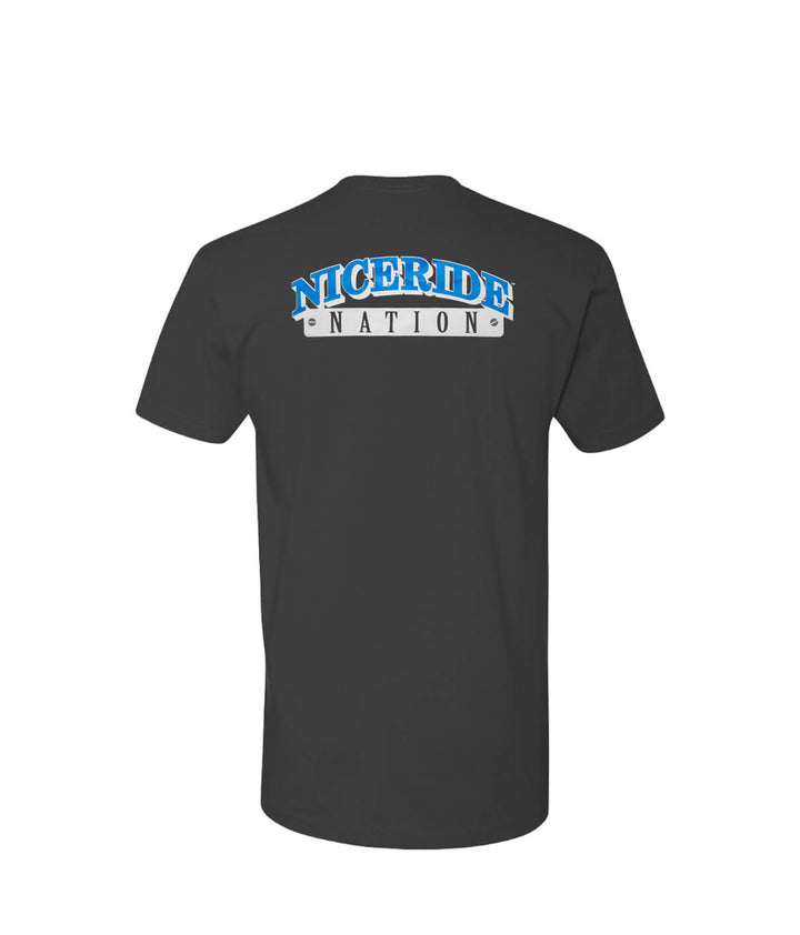 Back view of The Junction gray shirt featuring NICERIDE NATION design in blue and white on a short sleeve t-shirt.
