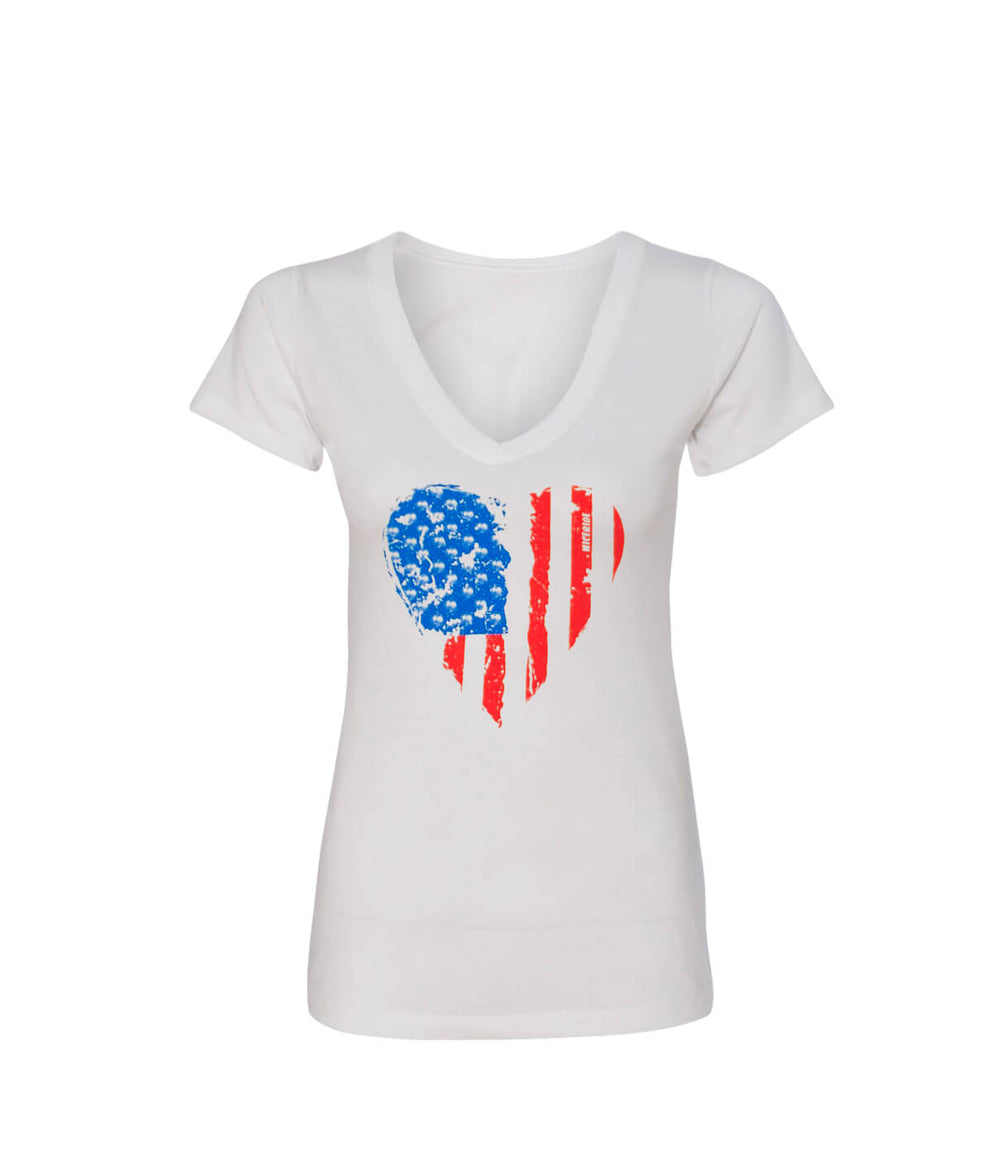 Heartbeat shirt featuring American flag design on a soft white V-Neck Women's shirt for indoor and outdoor occasions.