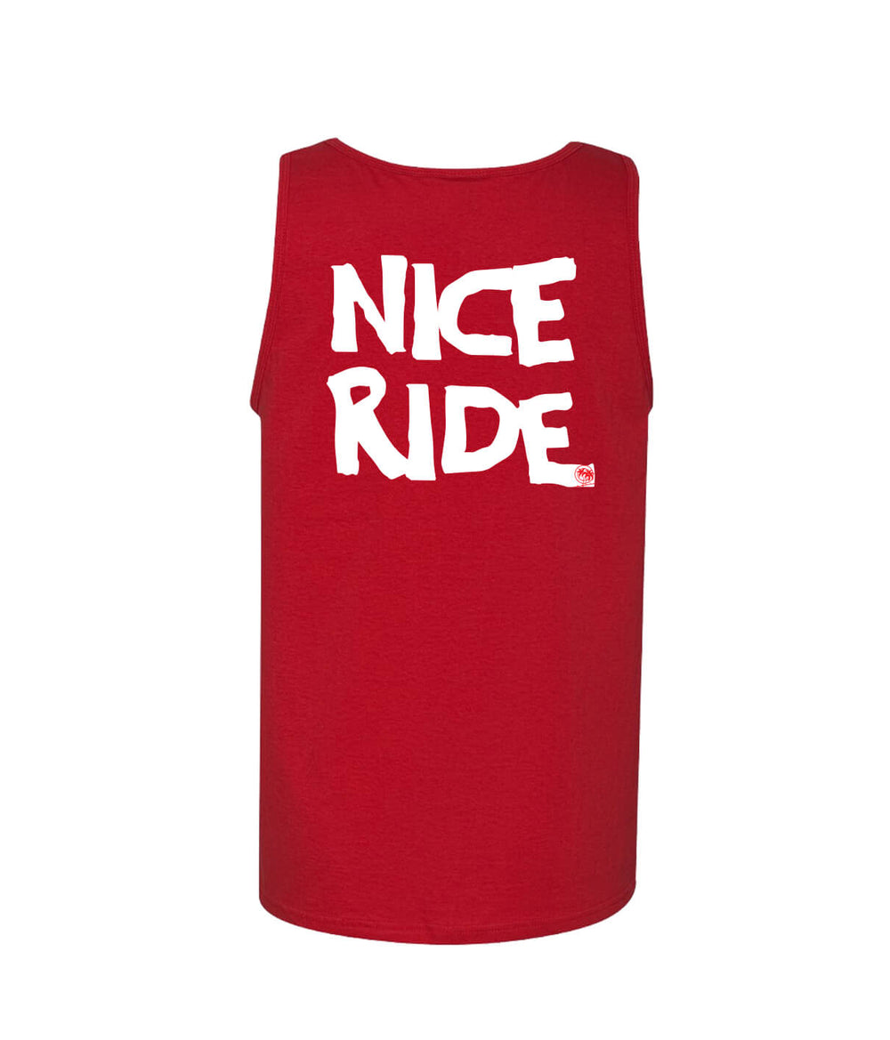 CR RIDE red 100% cotton tank top featuring NICERIDE logo on the back, perfect for casual wear and outdoor activities.