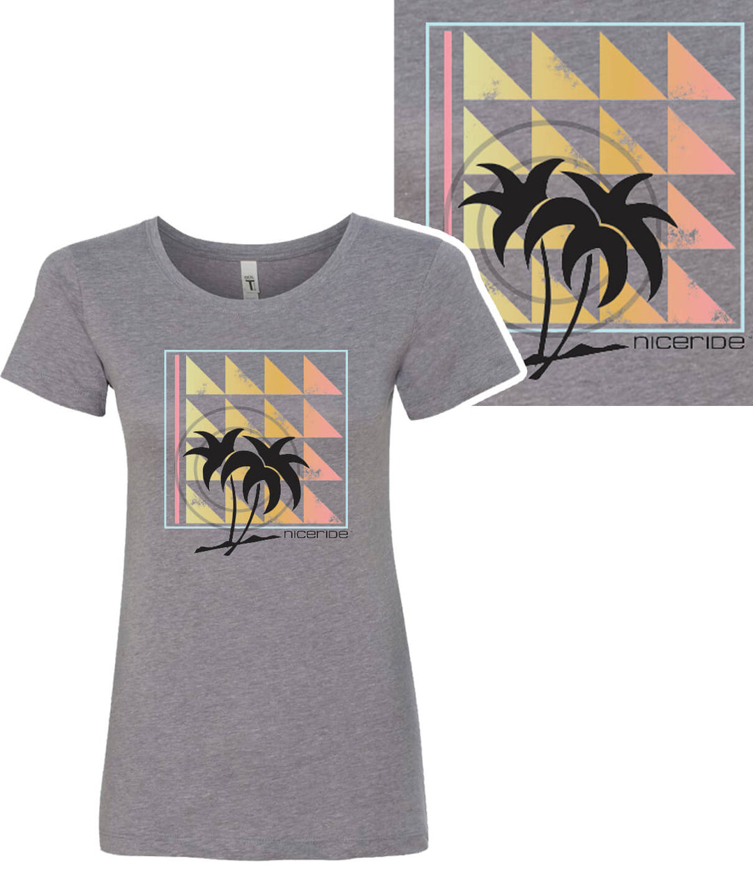 Valley Girl shirt with palm logo design on gray fabric, featuring a colorful geometric pattern for women&