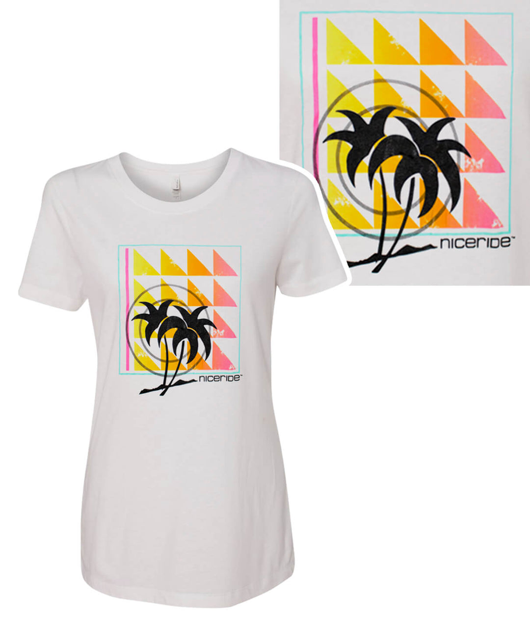 Valley Girl white shirt with palm tree design by NICERIDE, featuring vibrant geometric patterns.
