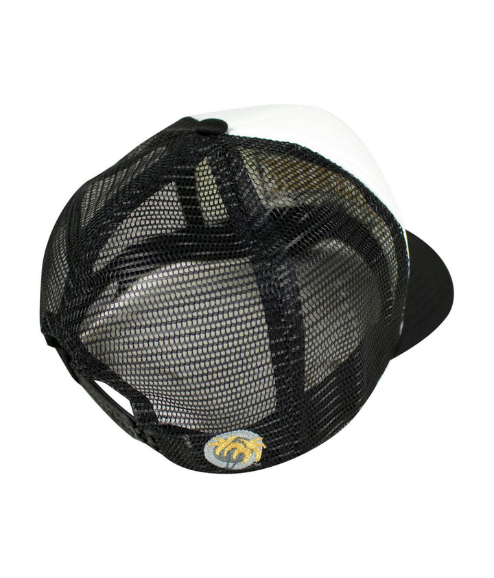 Back view of a Foam Trucker Hat featuring black mesh and embroidered palm logo, perfect for stylish hat lovers.