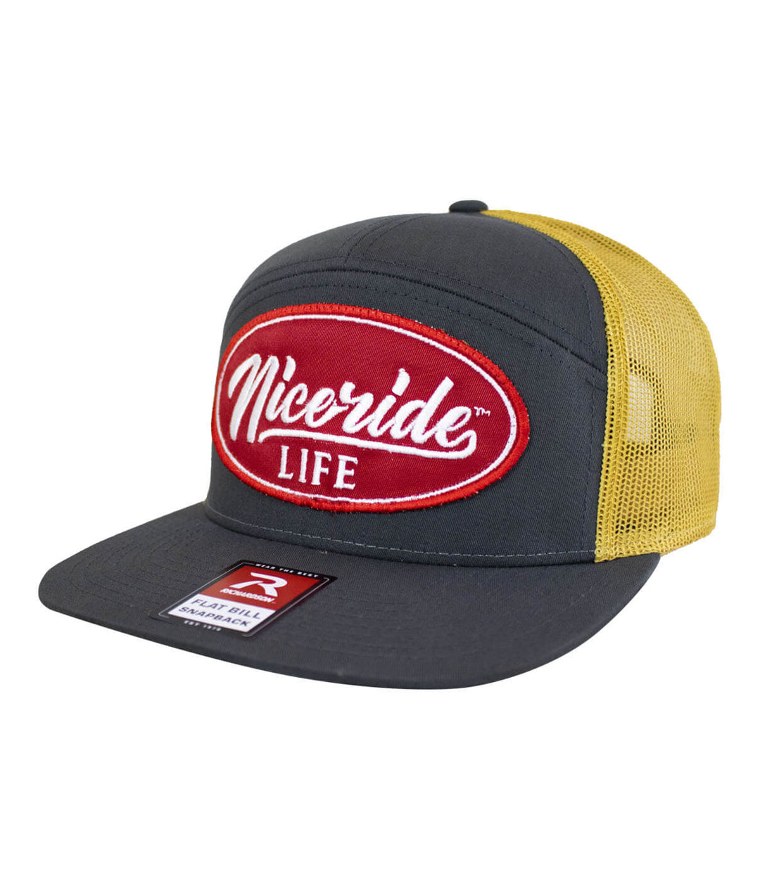 HorserPower Patch 7 Panel Trucker Snapback Hat For Men And Women with NICERIDE logo and mesh back.
