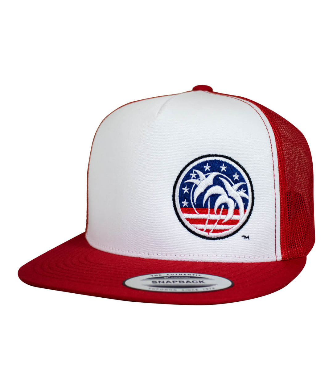 Spirit of 76-LP Trucker Hat, red and white snapback baseball cap with palm tree logo.