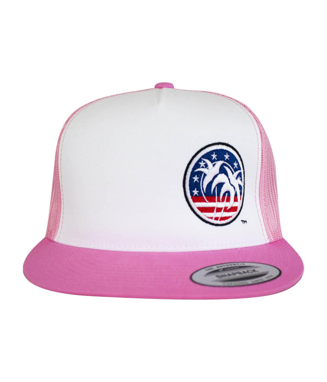 Spirit of 76-LP trucker hat in white and pink with embroidered palm logo; a stylish classic hat.
