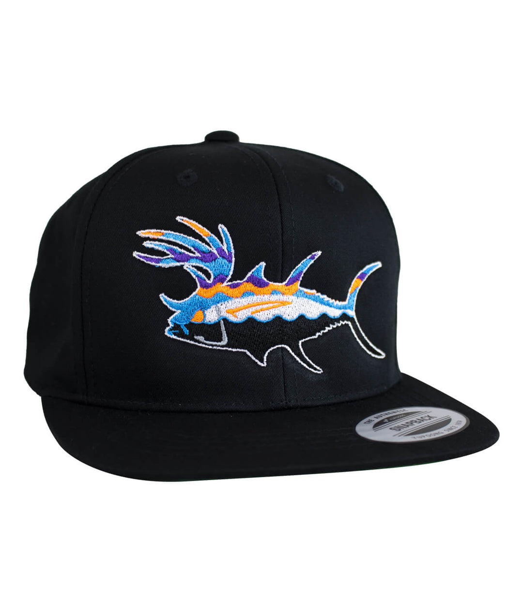 Buck-Eye Explorer unisex youth snapback hat featuring colorful fish design, perfect hat for indoor and outdoor activities.