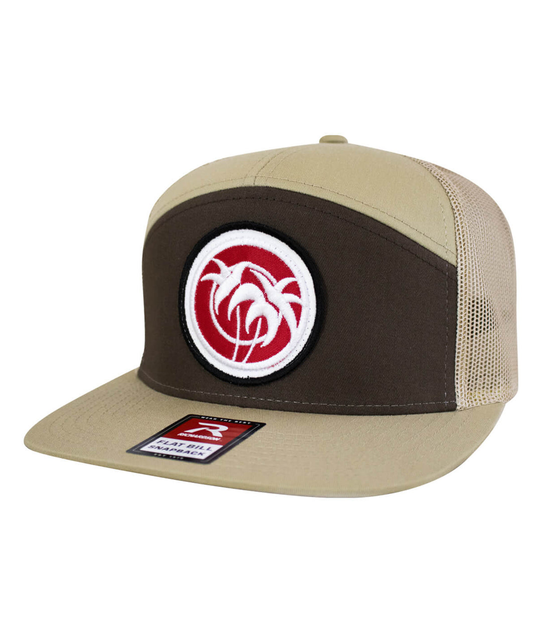 Rojo Negro Patch 7 Panel Trucker Snapback Hat For Men And Women, featuring embroidered design and meshback.