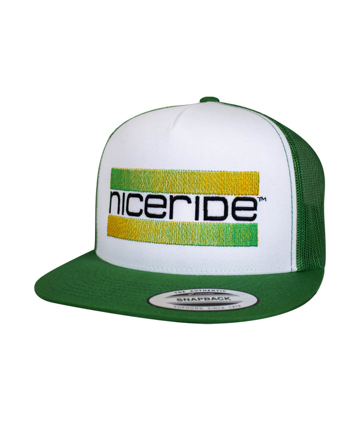 Cali Life red and green hat by NICERIDE, classic snapback trucker hat design embroidered on front.