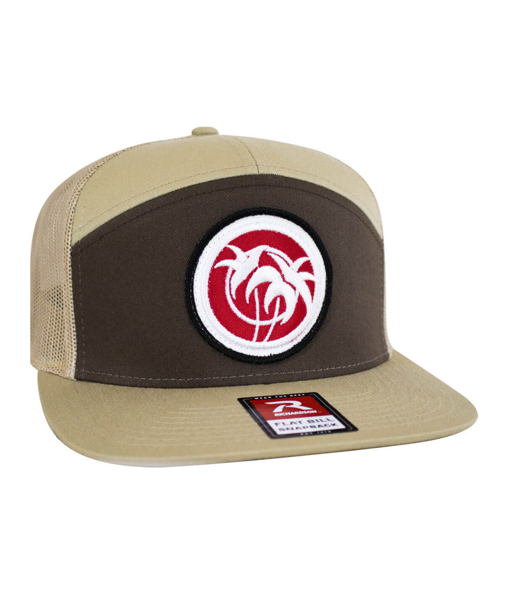 Rojo Negro Patch 7 Panel Trucker Snapback Hat for Men and Women designed with embroidered logo details.
