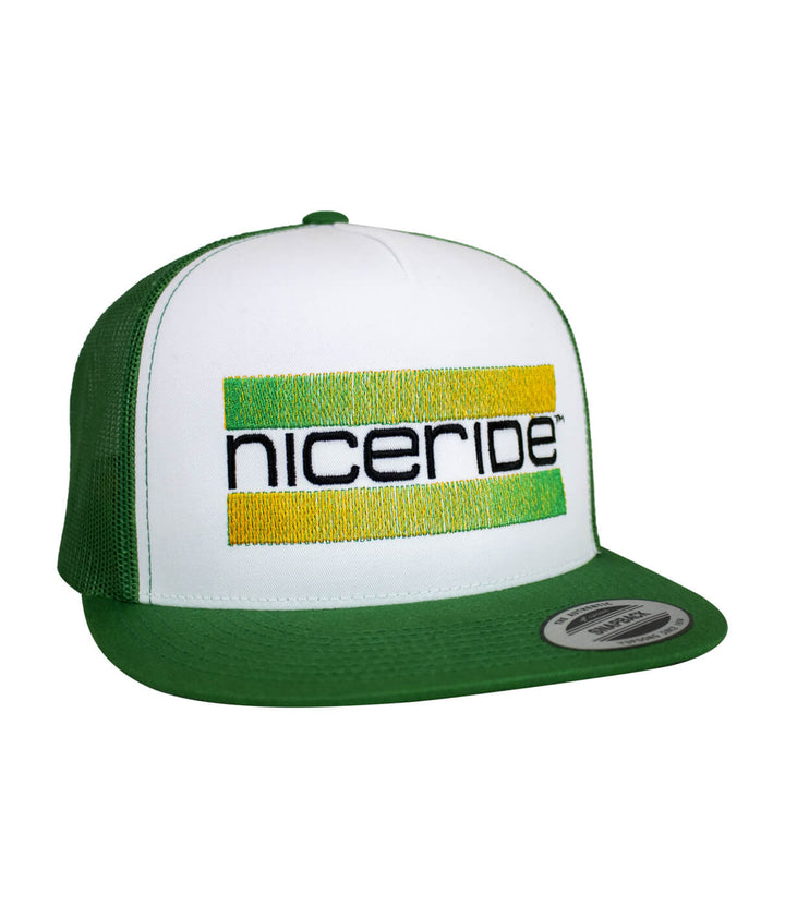 Cali Life red and green trucker hat, snapback style, featuring NICERIDE logo design, perfect summer accessory, hat for outdoor fun.